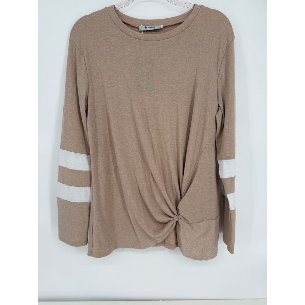 Yidarton Womens Sz M‎ Tan Brown Long Sleeve T-Shirt w White Stripe Detail Top
